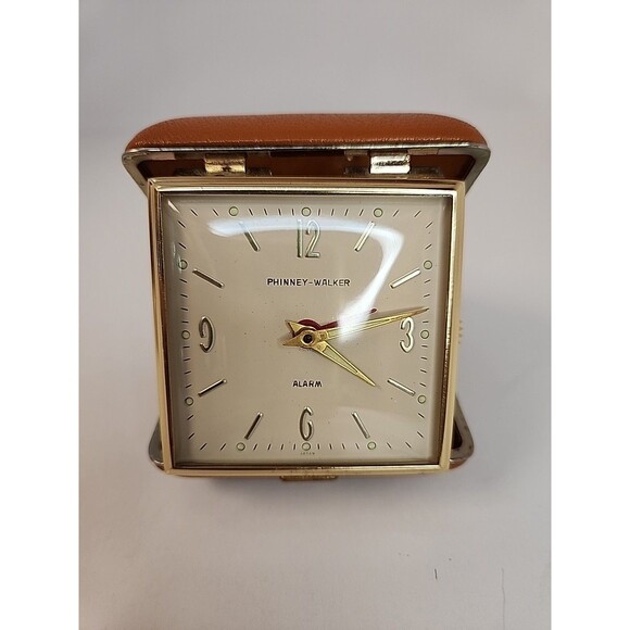 Vintage Phinney-Walker Folding Travel Alarm Clock  Japan Leather Case - Picture 1 of 16